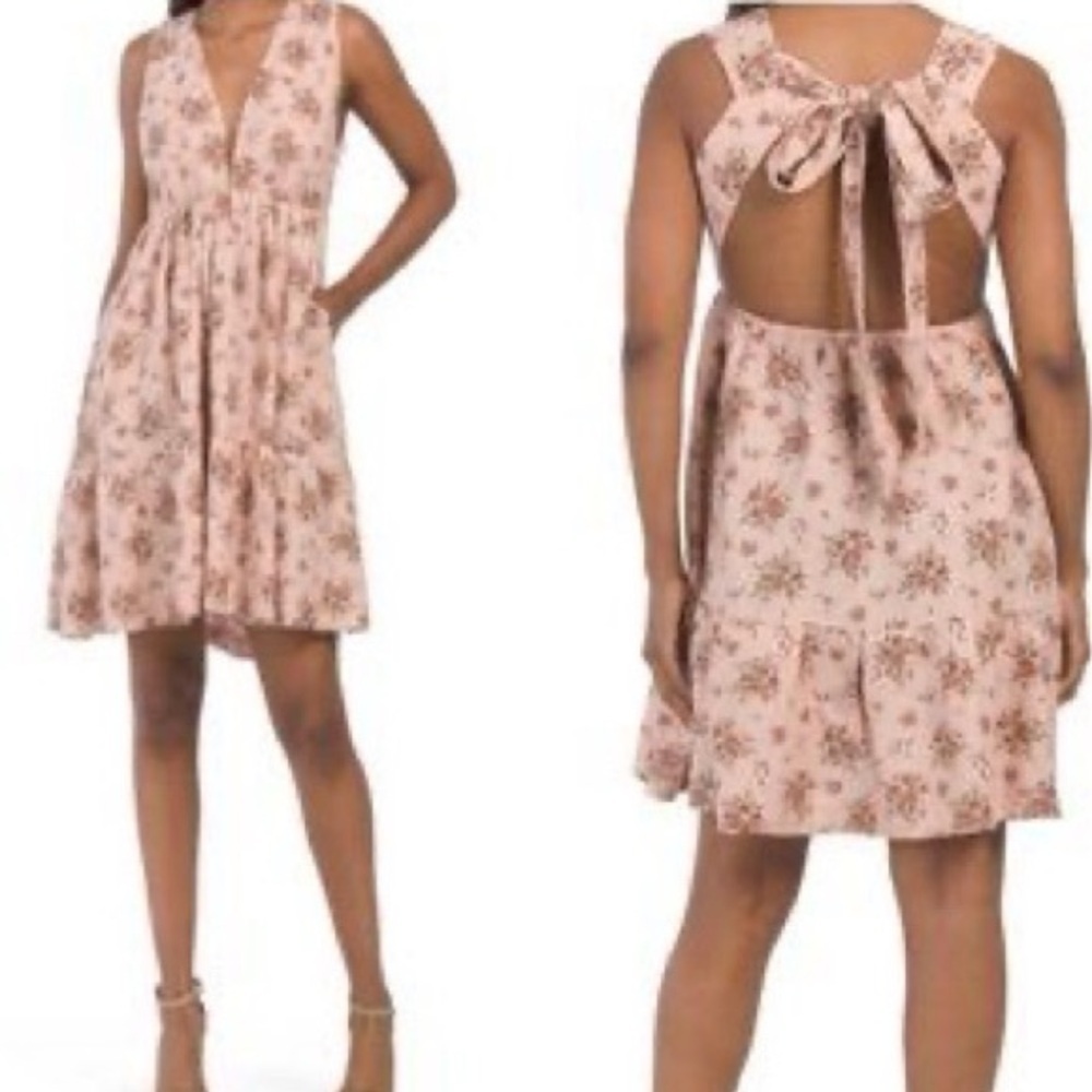 HOUSE OF HARLOW Linen Floral Deep V-neck Bow Back Mini Dress